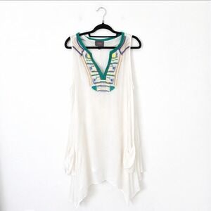 Forcynthia‎ Beachwear Cover Up Women Large White Embroidered Sharkbite Hem Tunic